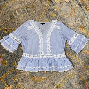J. Crew Blue and White Lace Trim Blouse